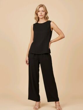 Women's Black Wide-Leg Pull-On Pants With Black Sleeveless Top
